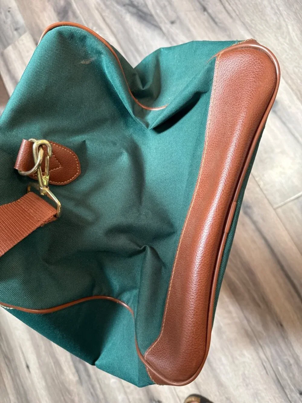 Ralph Lauren 1990's Green & Brown Canvas Duffel Bag Leather Trim And Adjustable